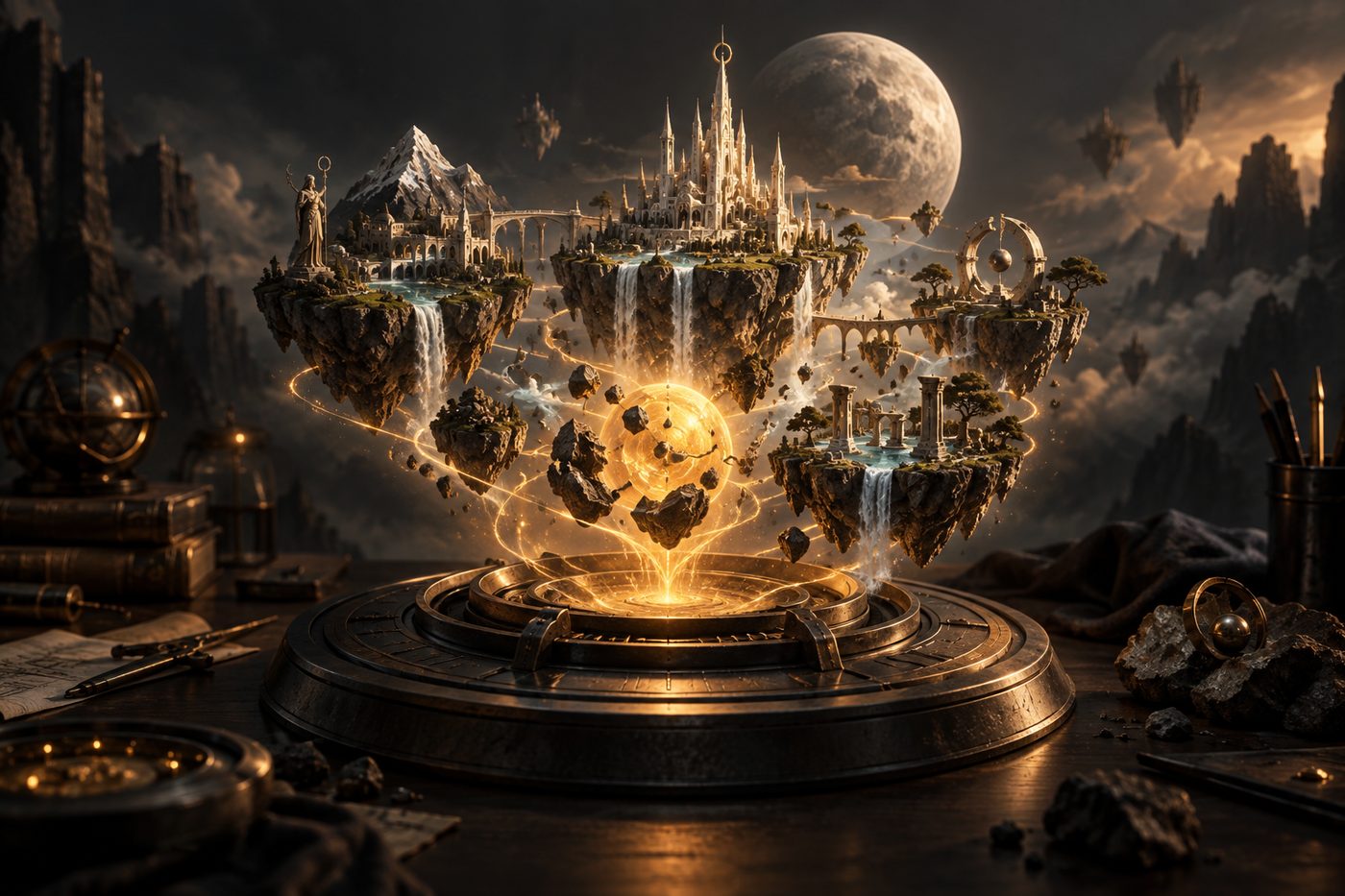 A miniature imagined world grows from a luminous seed, combining terrain, architecture, and worldbuilding artifacts