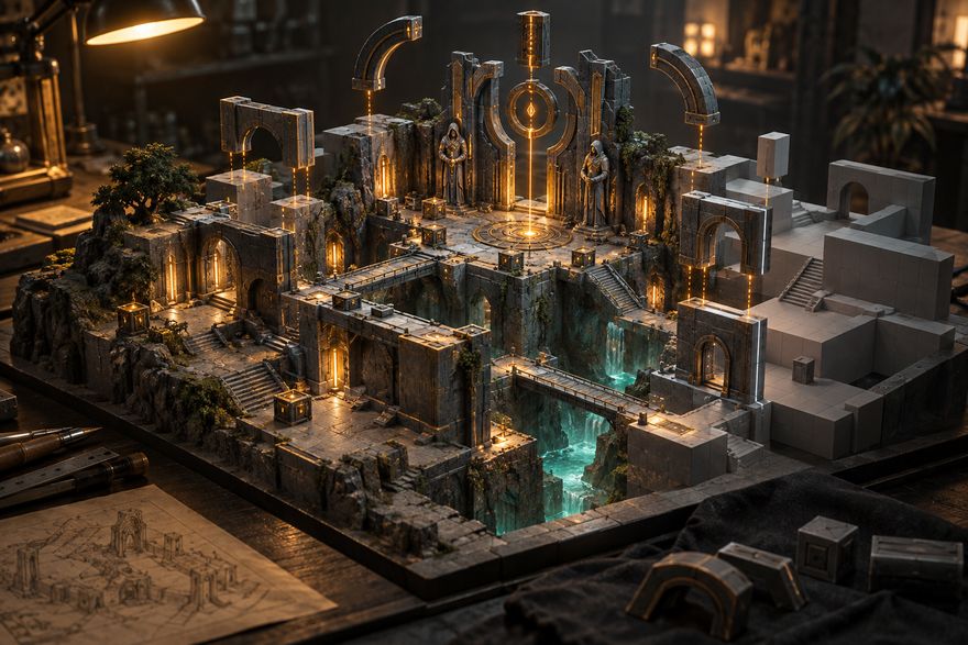 Modular architecture and encounter pieces assemble into a playable game-level diorama.