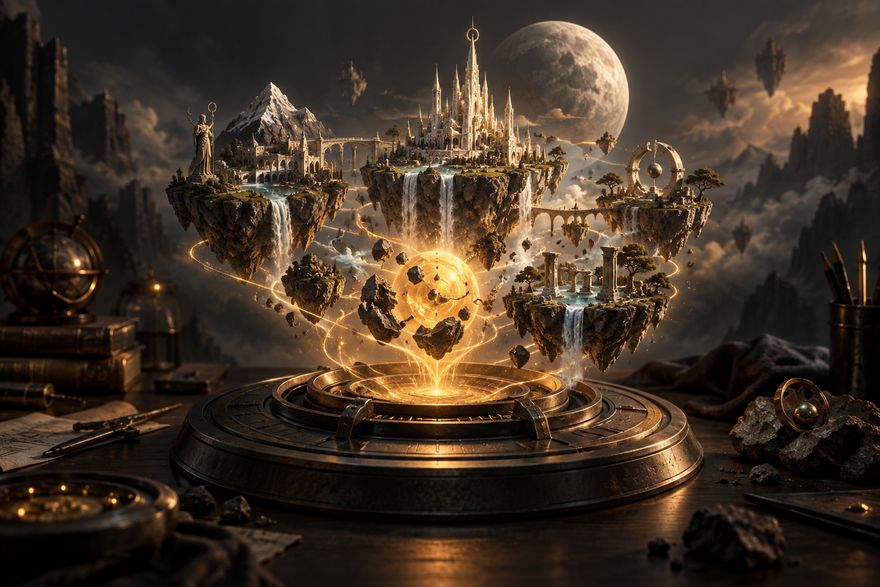 A miniature imagined world grows from a luminous seed, combining terrain, architecture, and worldbuilding artifacts.