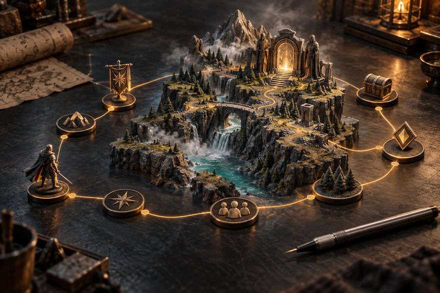 A game-design workbench connects world, character, and gameplay elements through an amber systems blueprint.