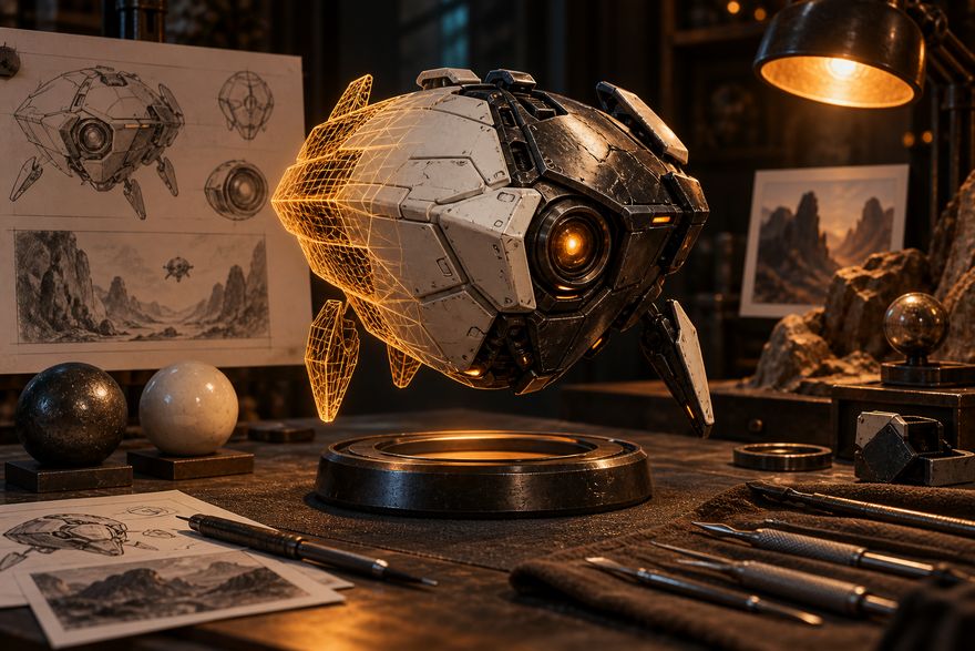 A game asset moves from wireframe into a finished textured object on a digital craft workbench.