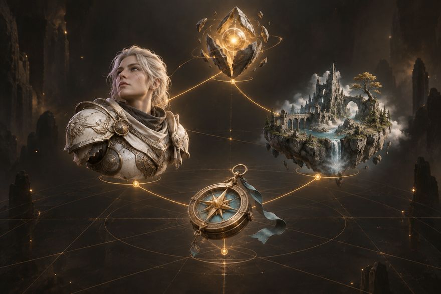 Characters, locations, and game objects connect across a spatial canvas through amber relationship lines.