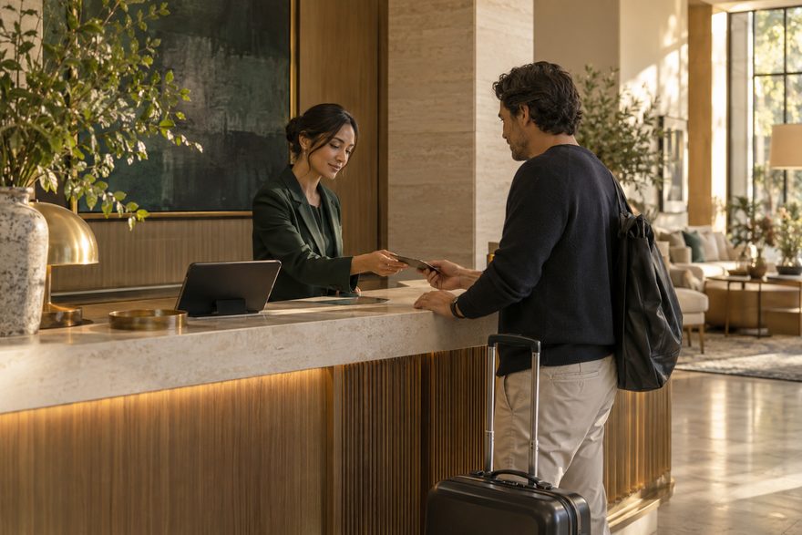 Receptionist coordinating an arrival with a hotel guest