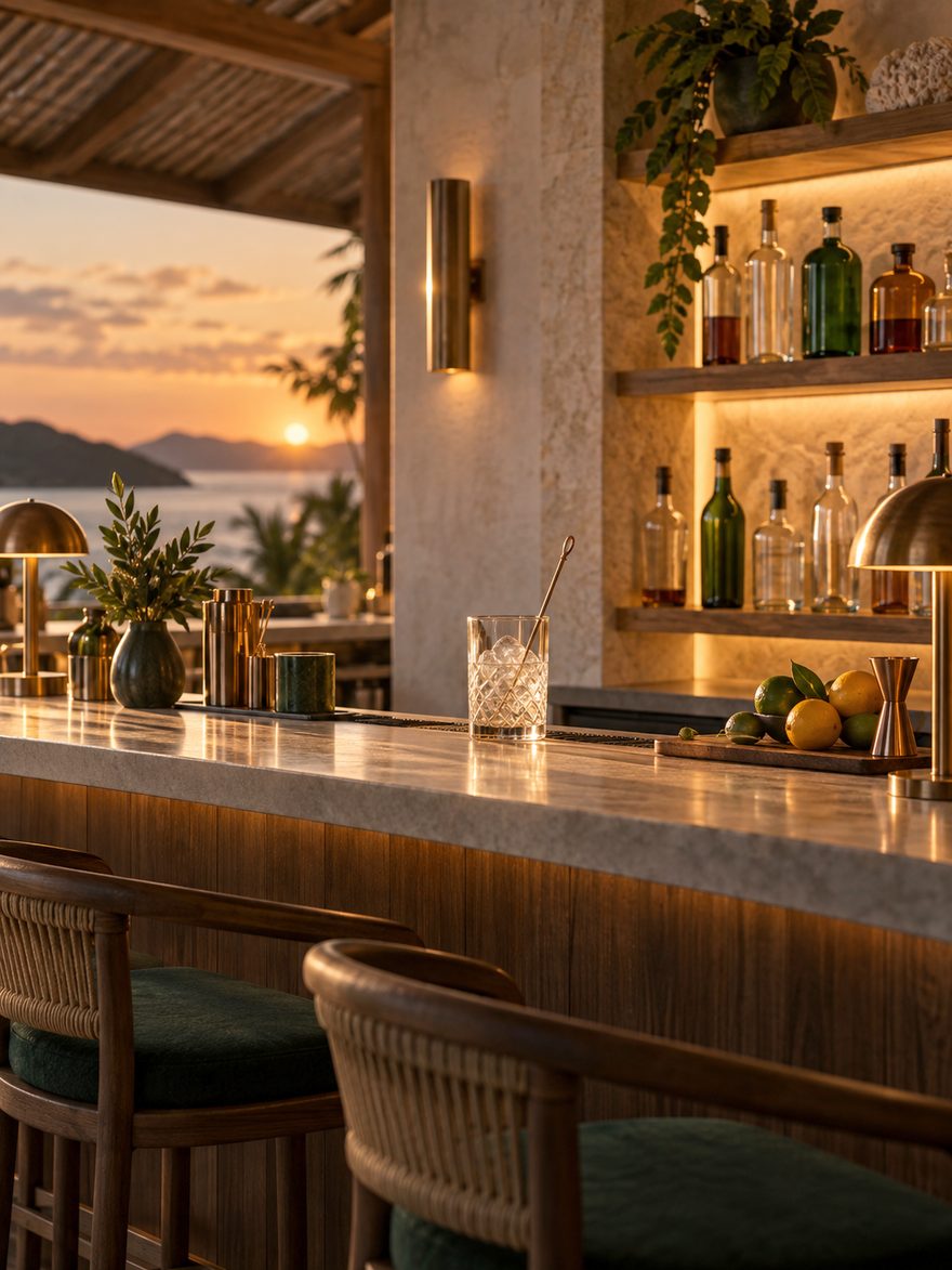 A resort bar counter at dusk, brass catching the last light