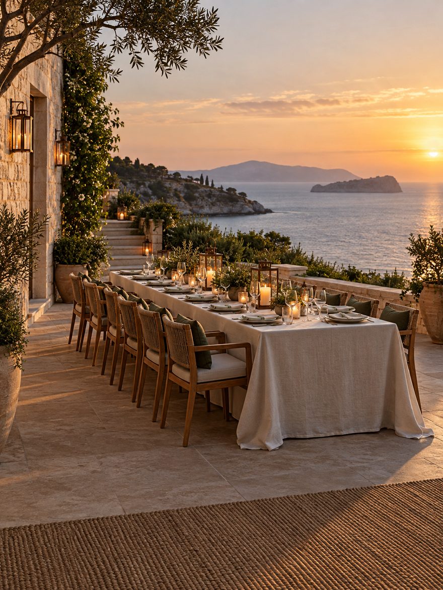 A long terrace table set for an event above the sea