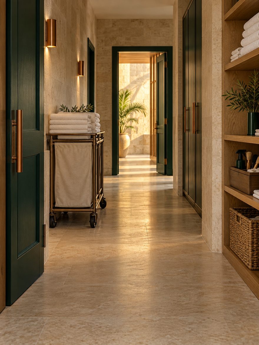 A back-of-house service corridor, immaculate and calm