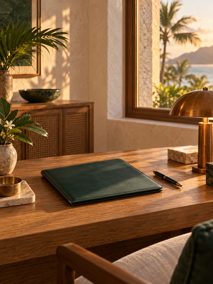 A quiet back-office desk with a leather folio and brass lamp