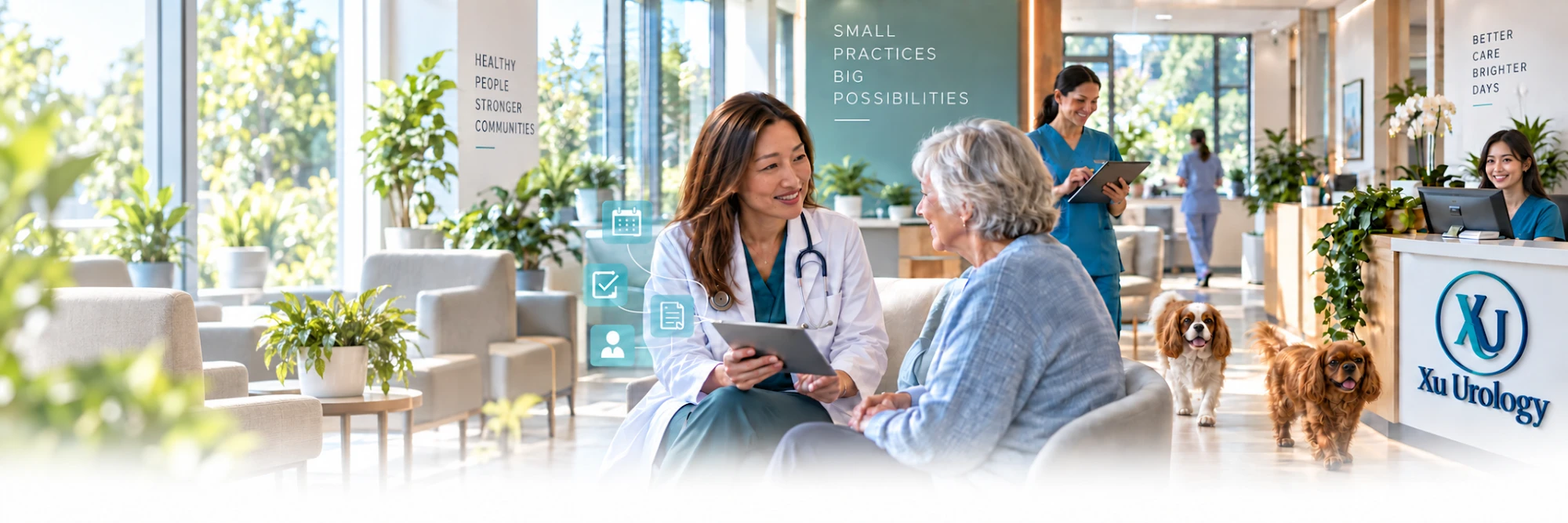 A physician reviews a tablet with an older patient in a bright clinic lobby while staff and two dogs pass the Xu Urology front desk