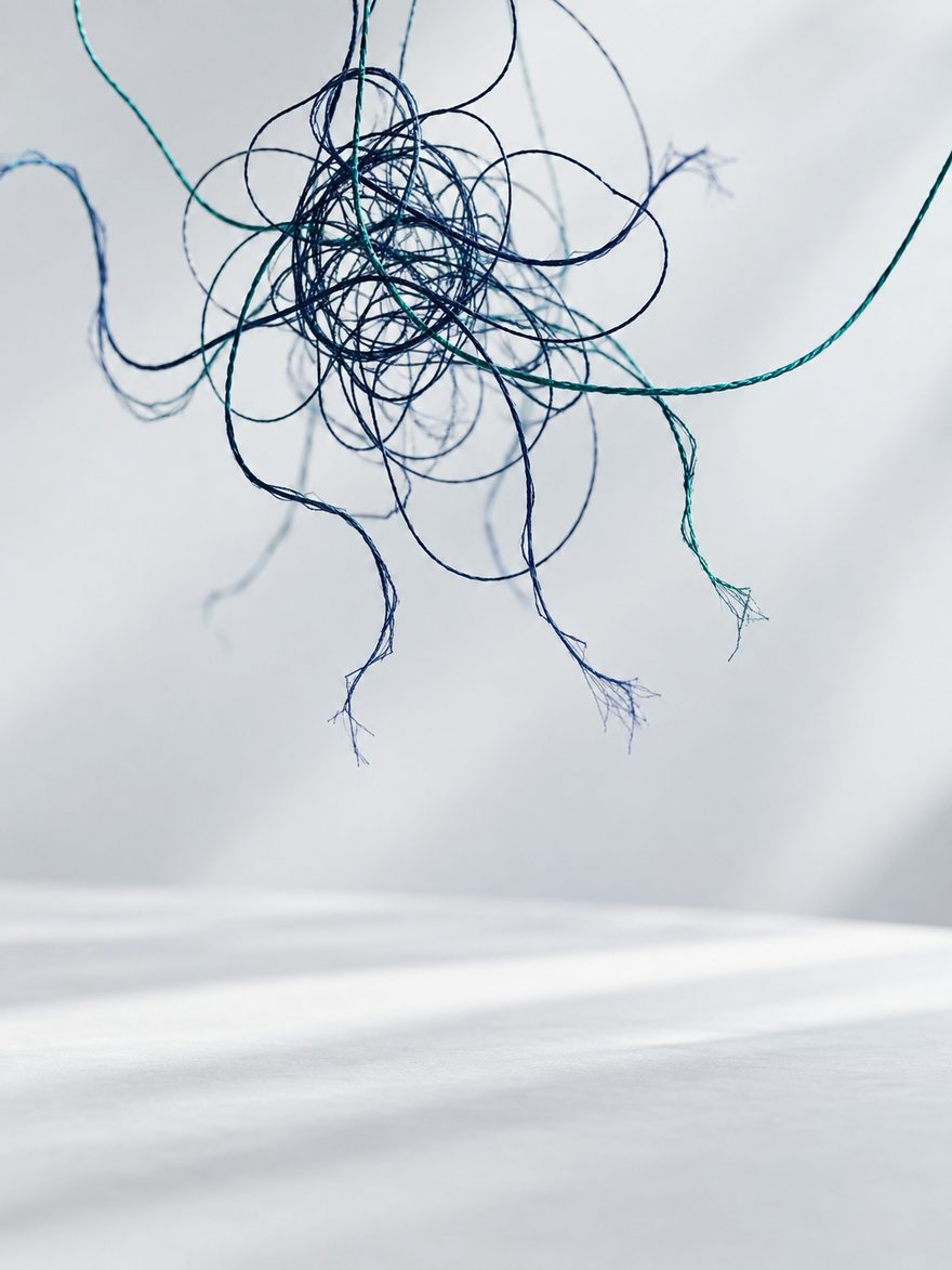 Loose threads suspended above an empty desk, some fraying to nothing