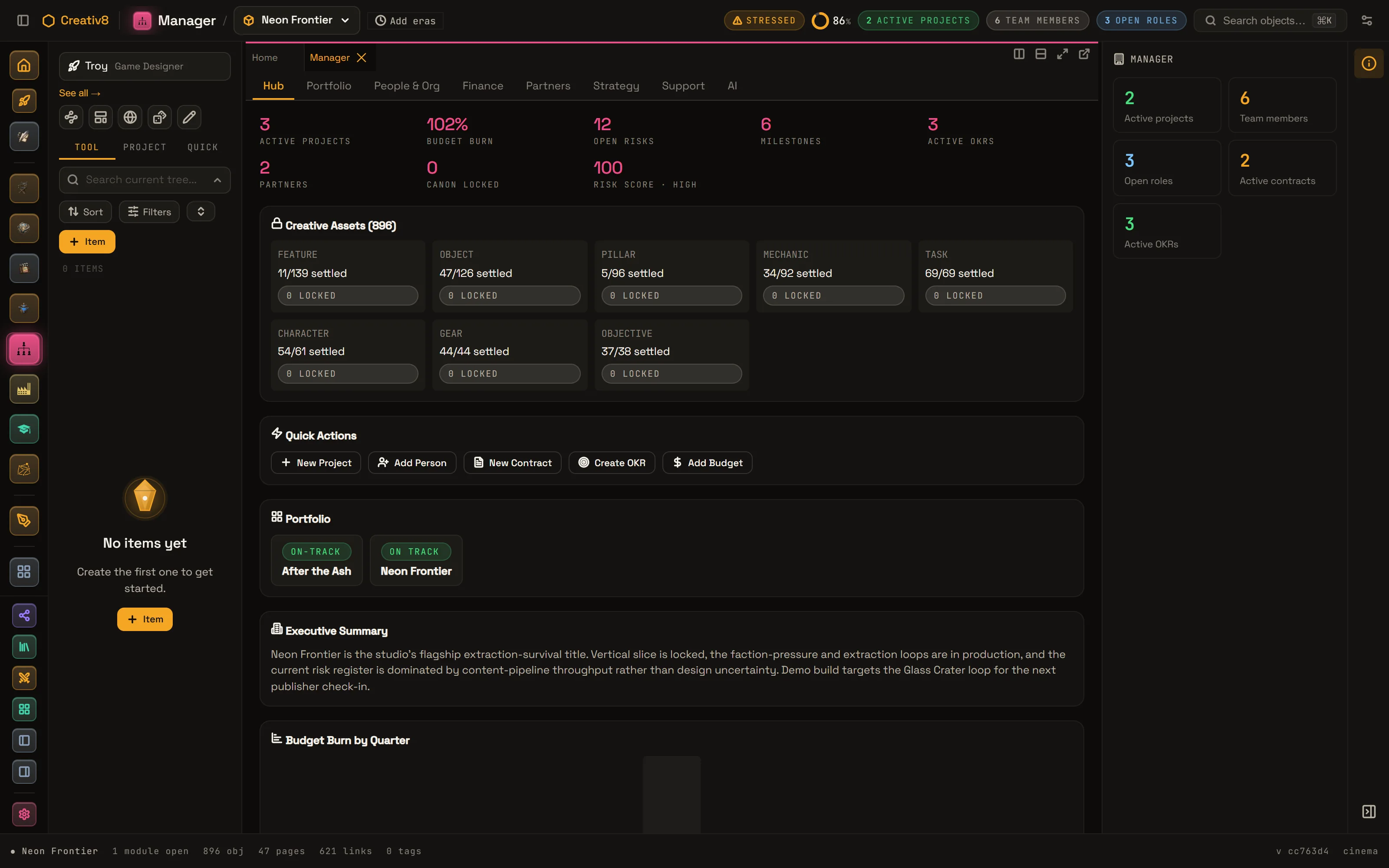 Creativ8 Manager hub: active projects, budget burn, open risks, milestones and OKRs, creative assets settled by type, portfolio and executive summary