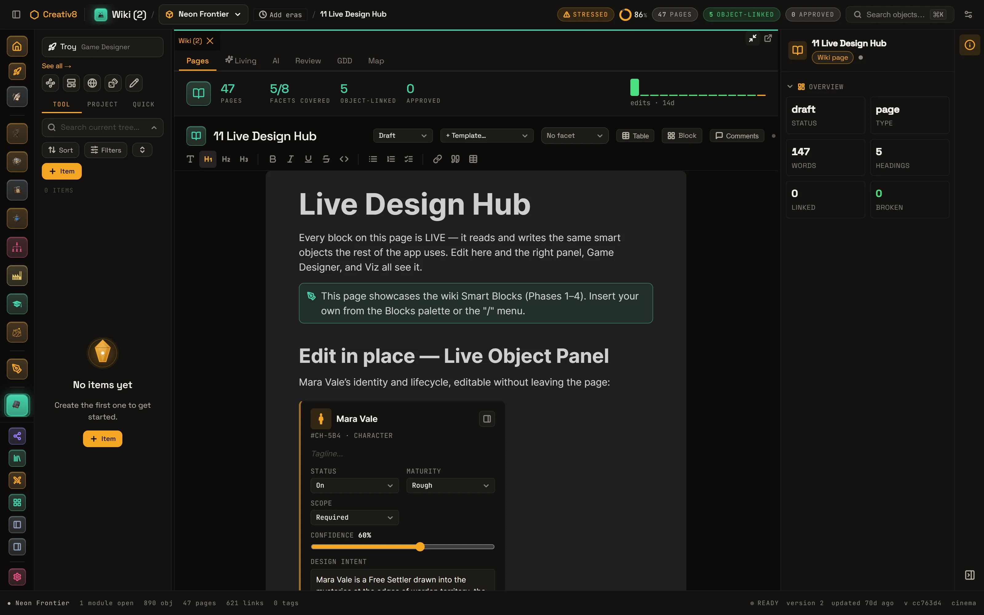 Creativ8 Wiki showing the Live Design Hub page with live Smart Blocks, page stats, facets covered and object links