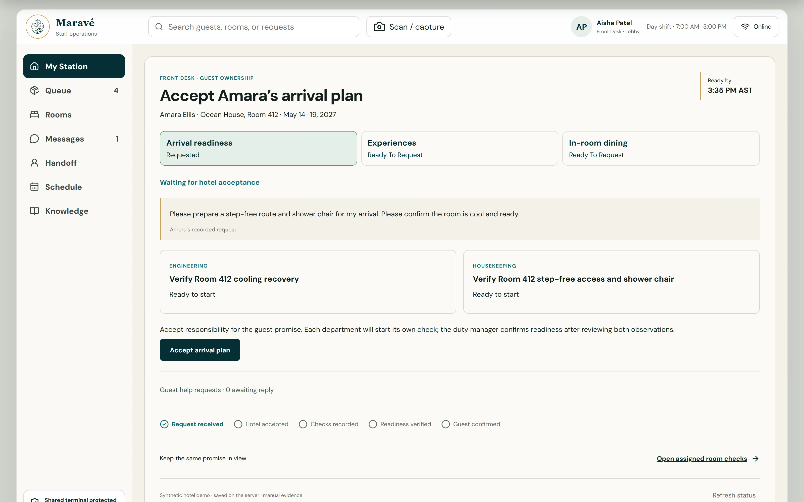 Kept staff desk: accept Amara's arrival plan, with the guest's recorded request, department checks, and the promise steps from request received to guest confirmed