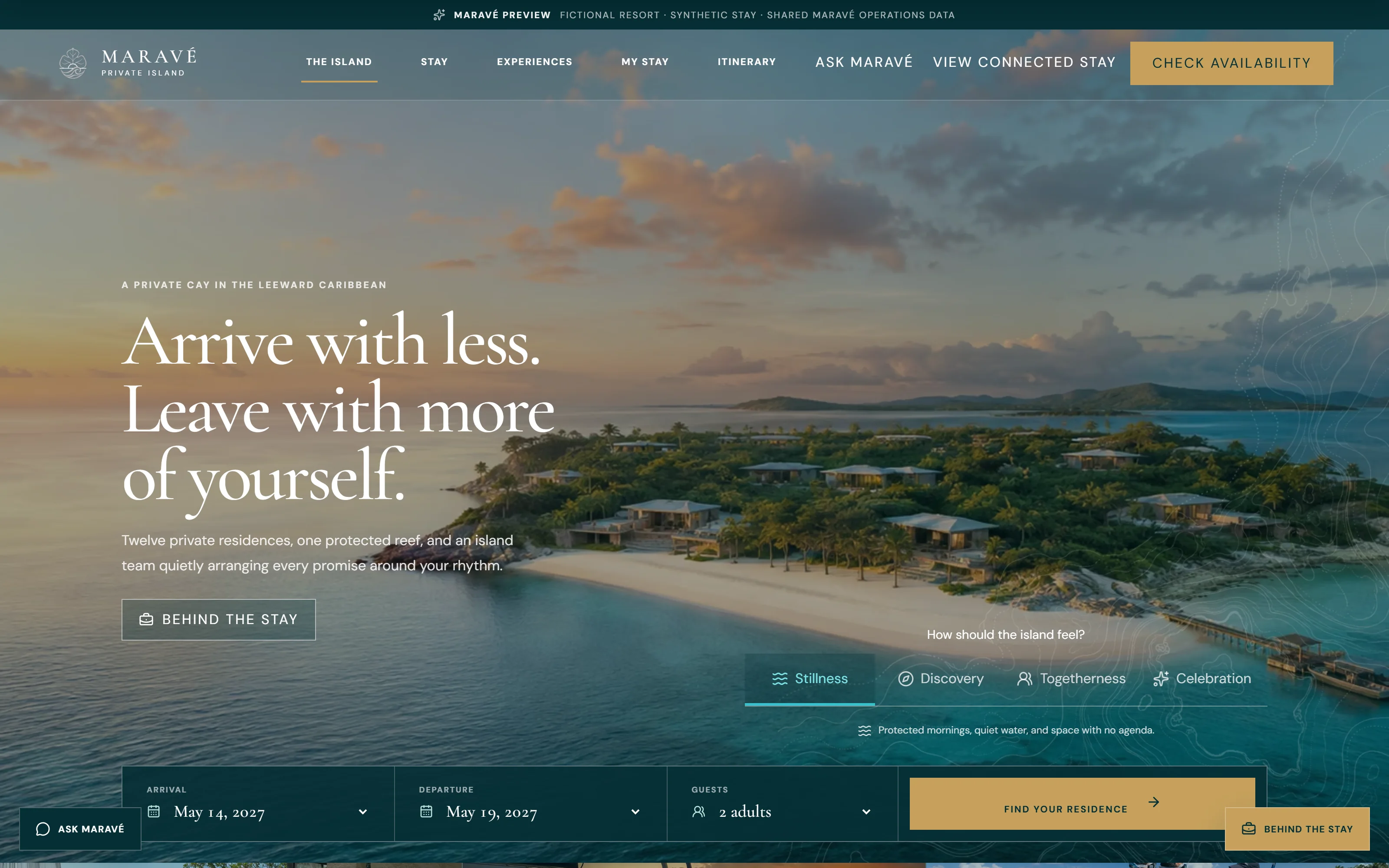 Maravé guest website: Arrive with less. Leave with more of yourself. With a stay-rhythm selector and availability search