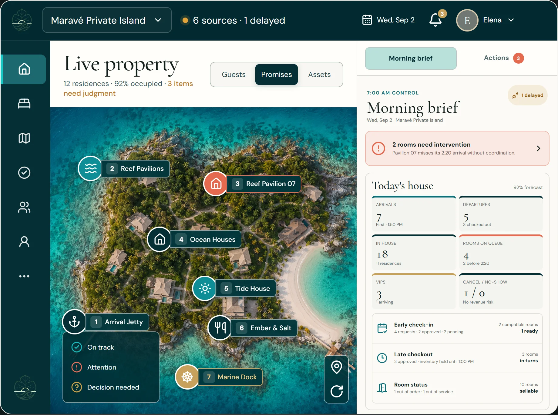 Kept manager tablet: live property map of Maravé with residence pins and promise status, beside the morning brief